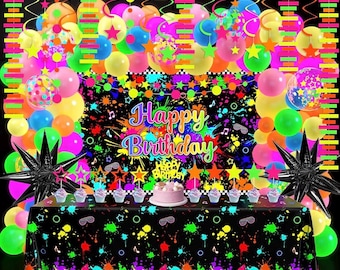 Neon Birthday Party Decoration Glow in The Dark Party Supplies Happy Birthday Backdrop Banner Neon Fluorescent Balloons Garland Arch Star
