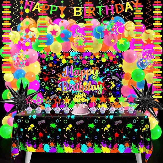 Neon Birthday Party Decoration Glow in The Dark Party Supplies Happy Birthday Backdrop Banner Neon Fluorescent Balloons Garland Arch Star