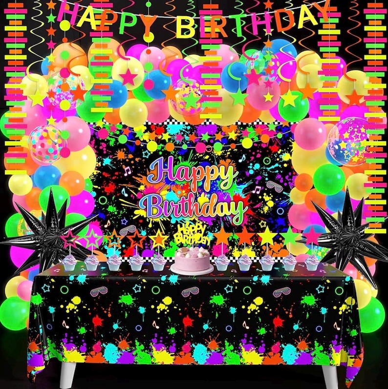 Neon Birthday Party Decoration Glow in The Dark Party Supplies Happy Birthday Backdrop Banner Neon Fluorescent Balloons Garland Arch Star image 1