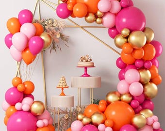 Pink Orange Balloon Garland Arch Kit, 124pcs Hot Pink Orange Chrome Metallic Gold Latex Balloons for Birthday Wedding Baby Shower Tropical