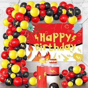 Red Black Yellow Balloon Garland Arch Kit - Birthday Party Decorations with Lightning Star Balloons for Kids Cartoon Themed Events