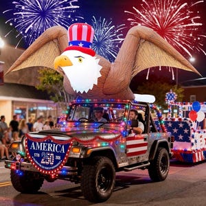 Könnte beinhalten: Ein aufblasbarer Weißkopfseeadler mit einem rot-weiß-blauen Zylinder auf einem Jeep, der mit patriotischen Lichtern geschmückt ist. Ein Schild vorne trägt die Aufschrift AMERICA 1776 250 2026 CELEBRATING 250 YEARS OF INDEPENDENCE. Feuerwerk am Nachthimmel.