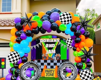 Truck Theme Balloon Garland Arch Kit vibrant Green Black with Big Wheels checkered star mylar foil balloons For Kids fast one Boy Birthday