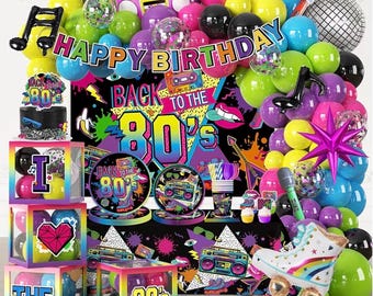 277pcs 80s Party Decorations Serves 25, All-in-one Set with Back To The 80's Backdrop Tableware Balloon Arch Tablecloth Balloon Box