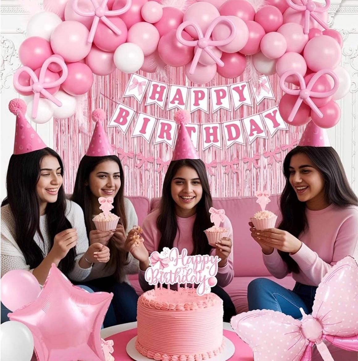 Neyeidru Decorazioni Compleanno A Tema Fiocco Rosa – Striscione 'Happy Birthday' E 10 Vortici Appendi