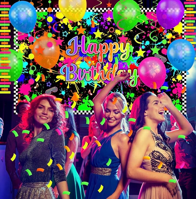 May include: A black birthday backdrop featuring the text Happy Birthday in colorful letters, surrounded by neon paint splatters, stars, musical notes, and floating balloons in blue, orange, yellow, green, purple, and pink with a checkered border.
