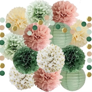 Sage Green and Dusty Pink Party Decorations Sage Green Pink Tissue Paper Pom Poms Decorations Paper Lanterns Cicle Dots Garland for Birthday