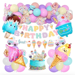 75Pcs Ice Cream Birthday Party Decorations for Girls Kids, Pastel Ice Cream Balloon Garland Arch Kit First Two Sweet Birthday Banner