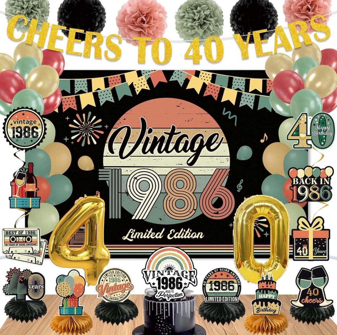 40th Birthday Decorations for Men Women, PRE-STRUNG Vintage 1986 Banner ...