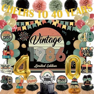 May include: A party decoration set with a vintage 1986 theme. Includes balloons, banners, and cake toppers. The banner reads "Cheers to 40 Years." Gold foil number balloons spell out "40".