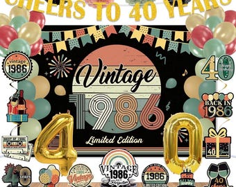Decorazioni per il 40° compleanno per uomo e donna, striscione vintage del 1986 pre-assemblato, forniture per feste, sfondo "Back in 1986", decorazione per torta, palloncini, 47 pezzi