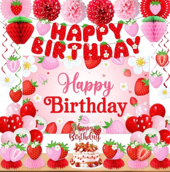 9 Centres De Table Nid D'Abeille Fraises Mignonnes - Décorations Papier Thème Fruits Pour Anniversaire Filles Et Baby Shower