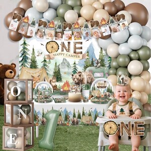 230PCS Camper 1st Birthday Decorations, All-in-1 Supplies Pack, Includes 20 Camper Theme Tableware, Backdrop, High Chair Banner, Tablecloth image 2
