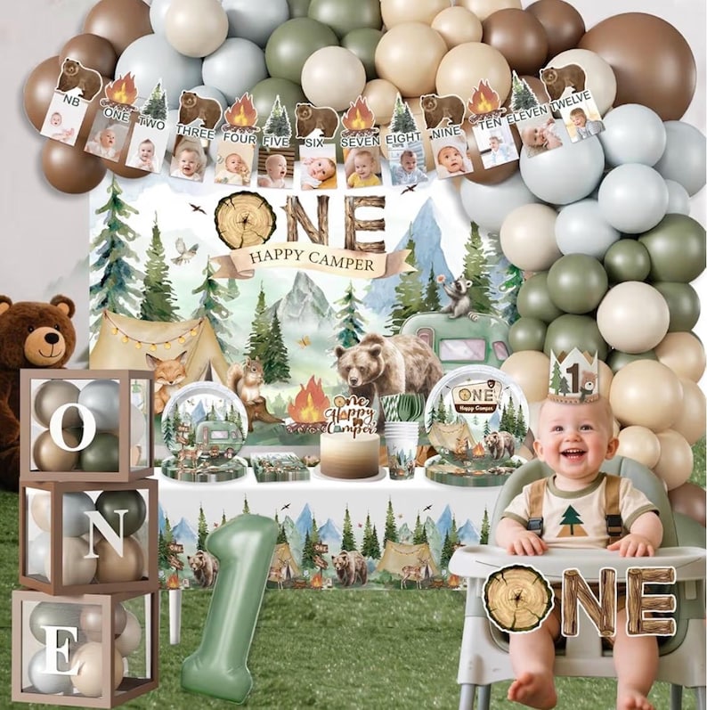 230PCS Camper 1st Birthday Decorations, All-in-1 Supplies Pack, Includes 20 Camper Theme Tableware, Backdrop, High Chair Banner, Tablecloth image 2