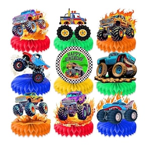 9PCS Monster Truck Honeycomb Centerpieces Themed Birthday Party Decorations Centerpiece Table Decoration Party Favors Decor Supplies Gifts