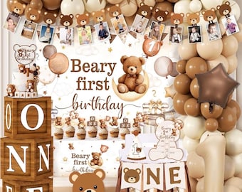 Decoraciones de primer cumpleaños de Beary, 147 piezas de decoraciones de cumpleaños de oso, pancarta de cumpleaños de oso marrón, telón de fondo, pancarta para silla alta, caja de globos…