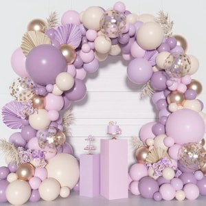 Kit ghirlanda di palloncini viola polverosi per feste, diverse misure: 18, 12, 10, 5 pollici, palloncino di coriandoli in metallo viola, rosa, lavanda, sabbia, oro rosa.