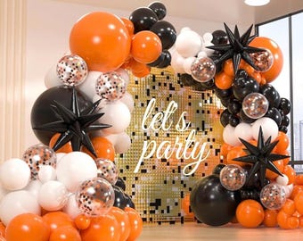 161pcs Black White Orange Balloons Arch Kit,Black Orange With 3pcs Starburst Foil Balloons for Birthday Graduation Halloween Thanksgiving