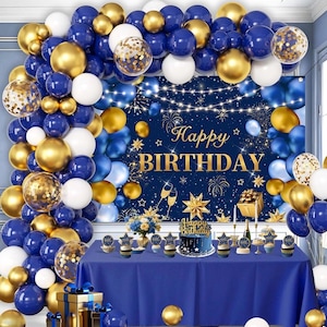 Blue and Gold Happy Birthday Decorations for Men,Birthday Banner, 70pcs Balloons, Backdrop,Balloon Arch Supplies for Boy