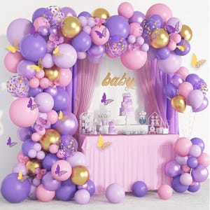 Paars roze vlinder ballonslinger boog kit, vlinder babyshower decoraties voor meisjesvrouwen, roze en paars gouden confetti ballonnen