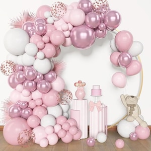 153pcs Pink White Balloons Arch Garland Kit, Different Sizes 18 12 10 5in Pastel Light Latex Metallic Confetti Pink Balloons for Baby Shower