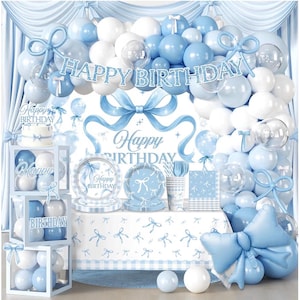 288 piezas de decoraciones de cumpleaños con lazos azules, un conjunto completo y práctico para 25 invitados, con globo, telón de fondo, cortinas de flecos, platos y servilletas.
