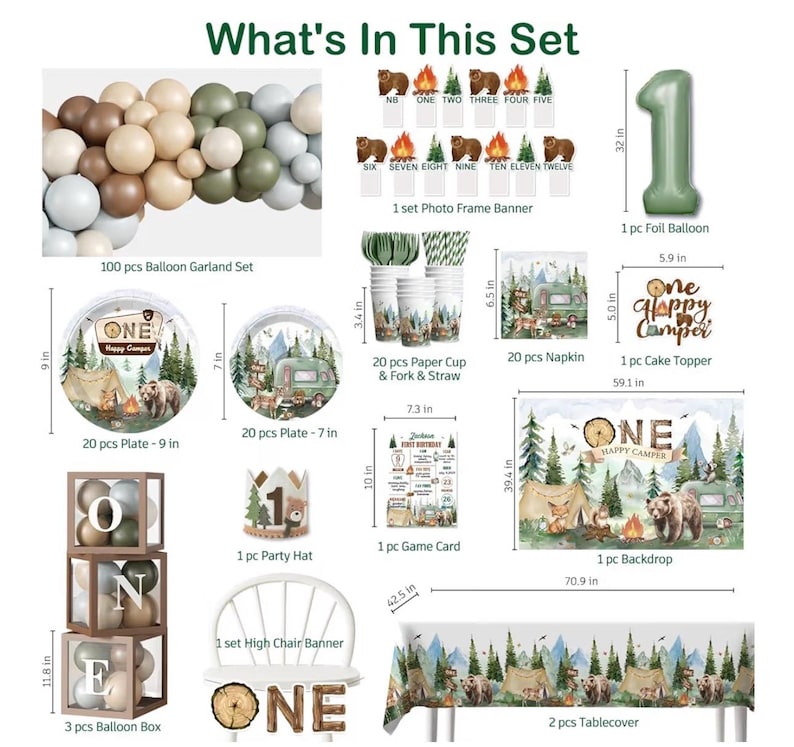 230PCS Camper 1st Birthday Decorations, All-in-1 Supplies Pack, Includes 20 Camper Theme Tableware, Backdrop, High Chair Banner, Tablecloth image 3