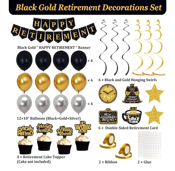 Ruhestand Party Deko Set In Schwarz & Gold – Mit Banner, Luftballons, Swirls Und Satin-Schärpe „Ich Bin Im Ruhestand“! Schwarz Gold Set