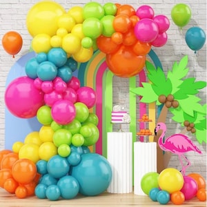 141 Pcs Summer Tropical Balloon Arch Garland Kit, Hot Pink Lime Green Orange Slate Blue Yellow Latex Rainbow Balloon Garland Kit
