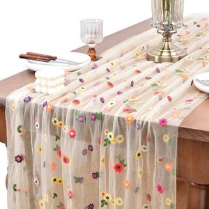 May include: A beige sheer table runner decorated with embroidered flowers in various colours. The runner is laid on a wooden table, with a candle, glassware, and cutlery visible. The floral design includes red, yellow, blue, and orange blossoms.