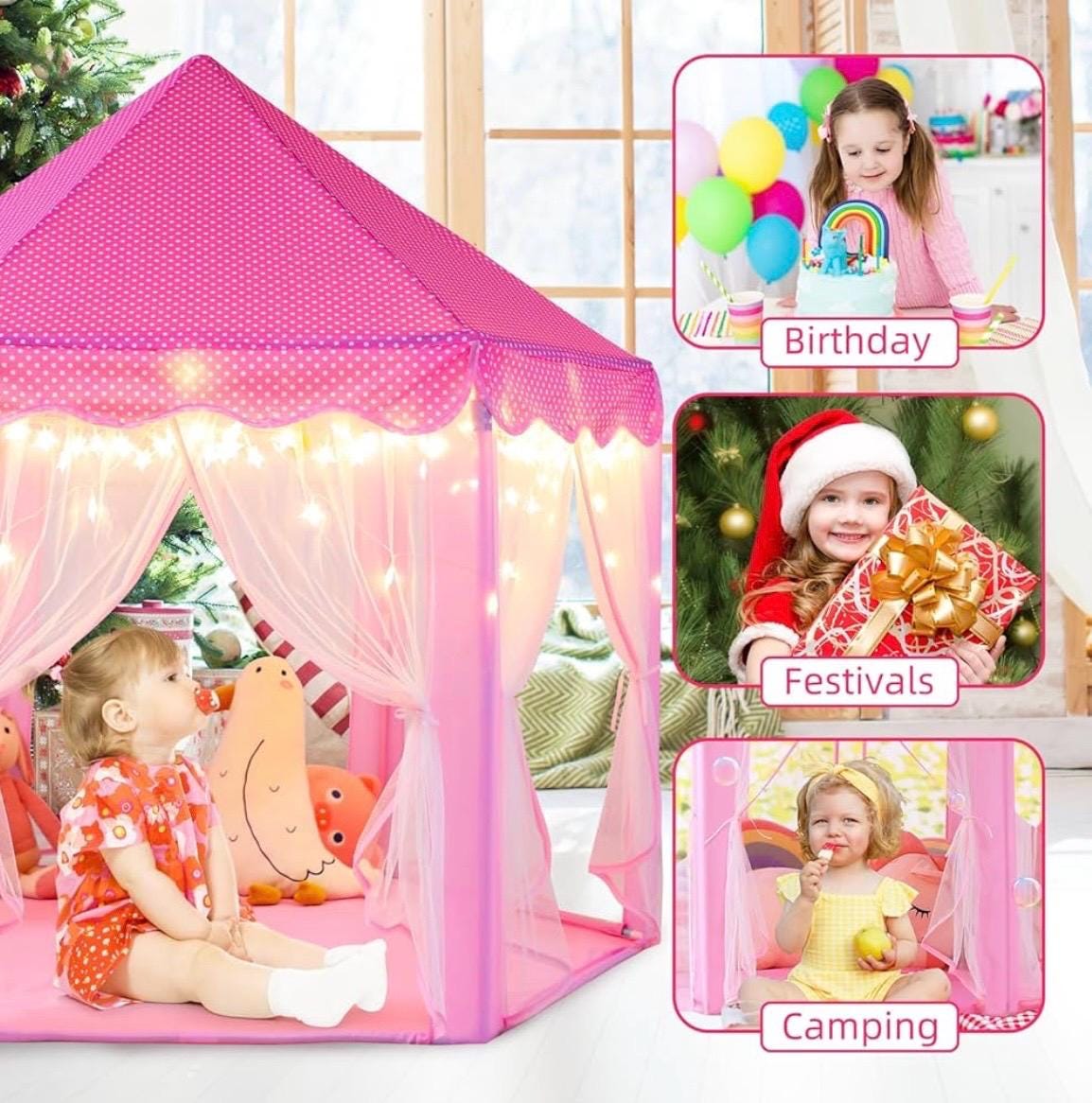 Play tent princess for girls, children's tent pink castle large indoor playhouse for children