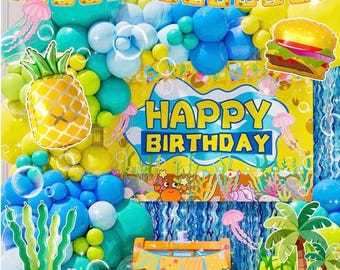 Sponge Birthday Decorations Kit - 153Pcs Under the Sea Party Supplies with Balloon Arch, Backdrop & Video Guide - All-in-One Vibrant Decor