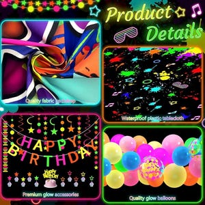 May include: A party decoration set featuring a colorful fabric backdrop, a black plastic tablecloth with neon paint splatters, a Happy Birthday banner with neon lettering, and a collection of multicolored balloons in various sizes.