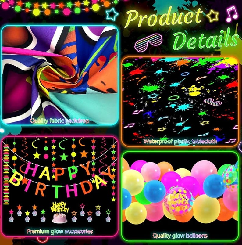 May include: A party decoration set featuring a colorful fabric backdrop, a black plastic tablecloth with neon paint splatters, a Happy Birthday banner with neon lettering, and a collection of multicolored balloons in various sizes.