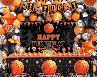 Decorazioni per feste di compleanno a tema basket, accessori per feste a tema basket inclusi: kit arco di palloncini, striscione, decorazione per torta, sfondo.