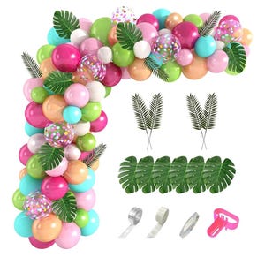 140PCS Tropical Balloons Arch Garland Kit, Green Hot Pink Confetti Latex Balloons Palm Leaves for Tropical Hawaii Flamingo Birthday