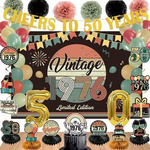 50th Birthday Decorations for Men Women,Vintage 1976 Banner Party Supplies,Back in 1976 Backdrop,Cake Topper,Balloons,Hanging Swirls,Pompoms