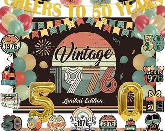 Decoraciones para el 50.º cumpleaños de hombres y mujeres, pancarta vintage de 1976, suministros para fiestas, fondo de 1976, adorno para tarta, globos, espirales colgantes y pompones.