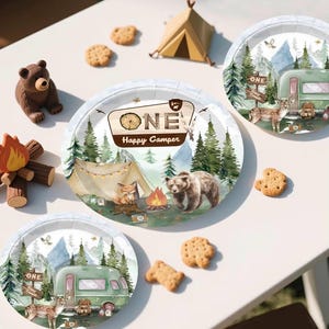 230PCS Camper 1st Birthday Decorations, All-in-1 Supplies Pack, Includes 20 Camper Theme Tableware, Backdrop, High Chair Banner, Tablecloth image 6