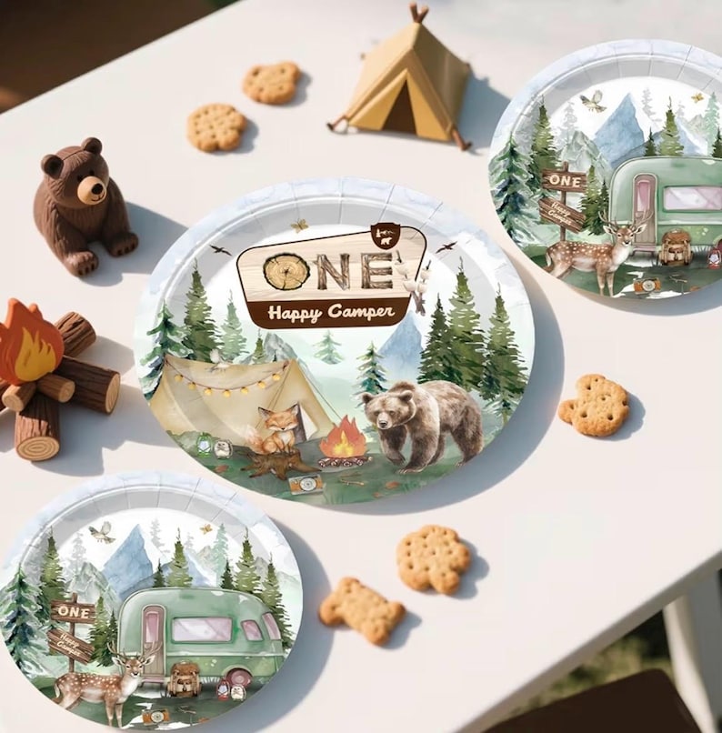 230PCS Camper 1st Birthday Decorations, All-in-1 Supplies Pack, Includes 20 Camper Theme Tableware, Backdrop, High Chair Banner, Tablecloth image 6