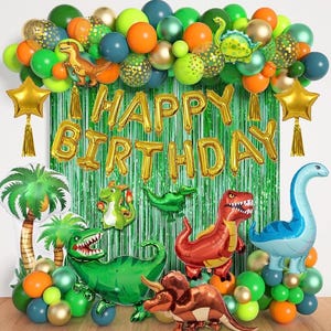 Dinosaur Birthday Party Decorations Supplies, 125Pcs Dinosaur Green Orange Blue Balloons Garland Arch Kit Happy Birthday Dino Foil Balloon