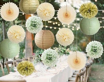 Décorations de fête vert sauge or sauge papier de soie crème pompons lanternes en papier vert sauge pour mariage anniversaire mariée baby shower baptême
