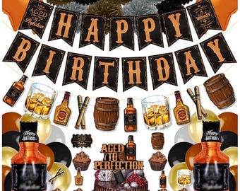 Whiskey Birthday Party Decorations for Men Aged to Perfection Supplies including Birthday Banner, Cake Toppers, Foil Balloons,Paper Flowers