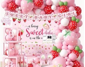 Décorations de baby shower aux fraises, Articles de fête pour bébé, bébé doux aux baies, C'est une fille qui révèle le sexe, Boîte de ballons en arc de cercle pour toile de fond