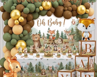 Wald Baby Shower Dekorationen, Waldtiere Themen Dekor mit Ballon Girlande Bogen Baby Box Tischdecke Banner Kuchen Topper für Party
