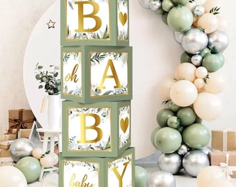 Cajas de bebé verde salvia con letras para baby shower, 4 piezas de decoraciones de safari para baby shower de niño y niña, cajas de globos para revelar el género del bebé.