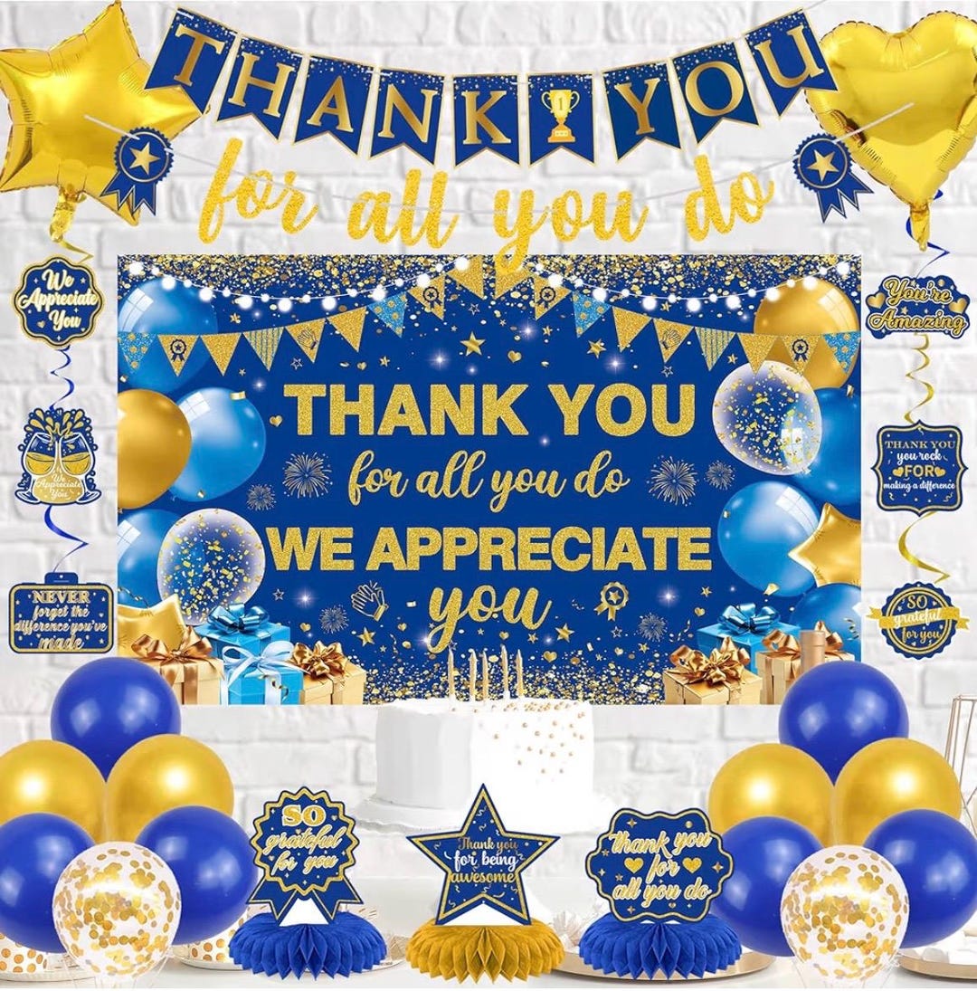 We Appreciate You Banner Decorations, Blue Gold Thank You for All You ...
