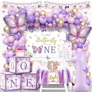 Schmetterling Dekorationen zum ersten Geburtstag - 138PCs Pink Lila Schmetterling 1st Party Party Zubehör für Mädchen mit Hintergrund Ballon Girlande Banner Poster