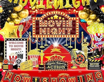 121pcs Movie Night Decorations, Movie Theme Party Decorations, Movie Theater Decorations, Backdrop, Banners, Cardstocks, Tablecloth, Popcorn