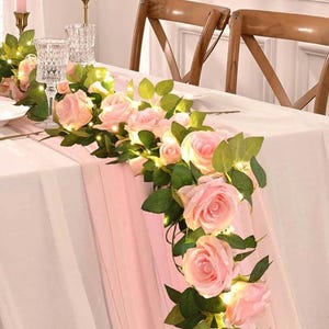2 Pcs Flower Garland with 19.6 Ft Lights, 13.2 Ft Pink Floral Garland Fake Flowers for Wedding Arch Party Wall Garden Room Decor